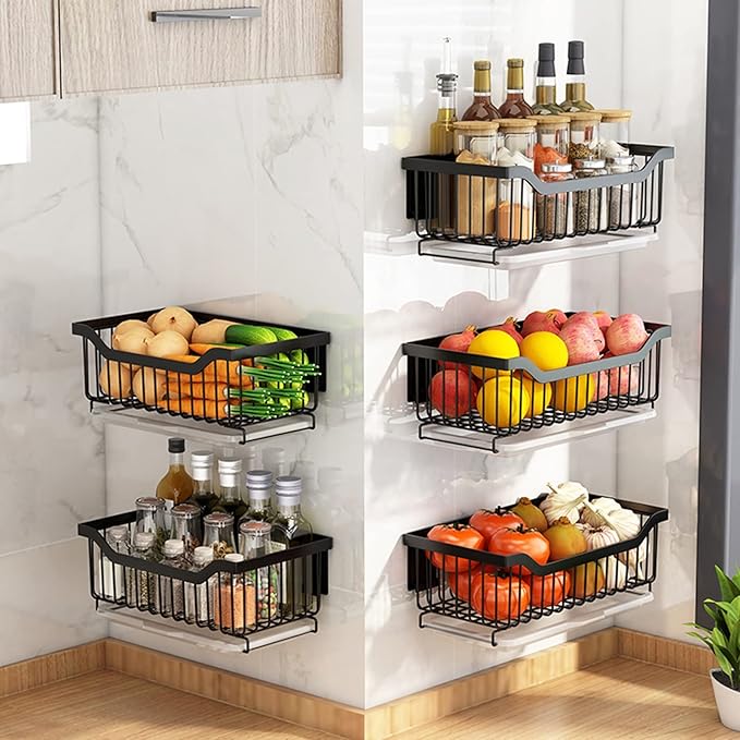 Wall Mounted Punch-Free Metal Storage Basket with Drip Tray