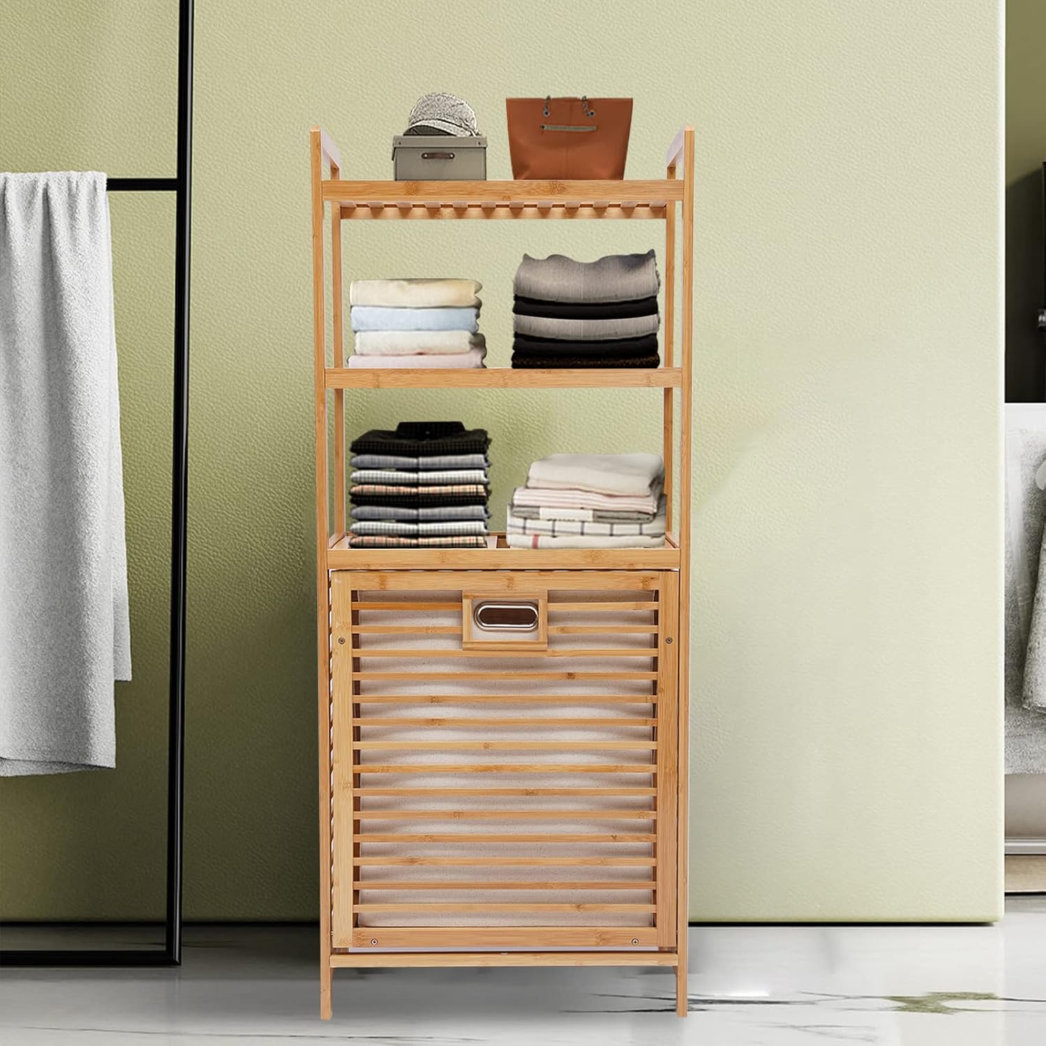 Premium Wooden Laundry Basket with Storage Shelves
