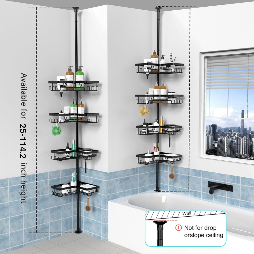 HOMERO 4-Tier Multi-Purpose Corner Shower Caddy Tension Pole with Adjustable Height