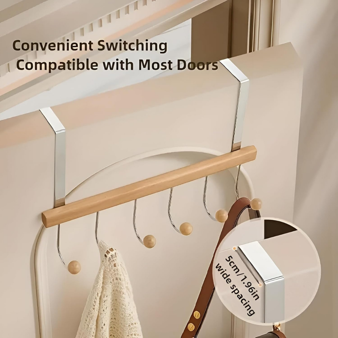 HOMERO 6 Hook Wooden Over Door Hook Rack Cloth Organizer