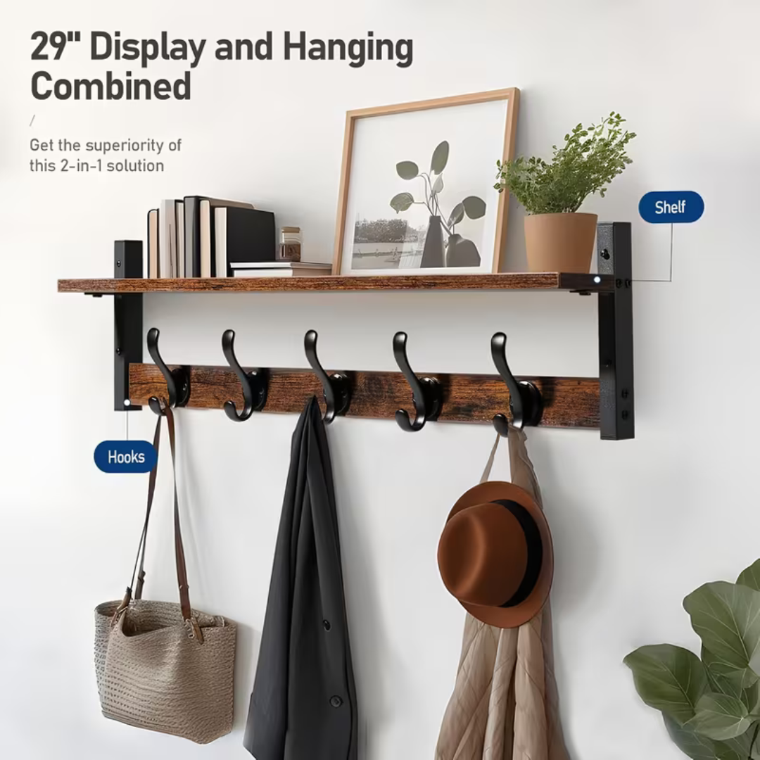 Multipurpose Wooden Wall Hanging Shelf with 5 Strong Metal Hooks
