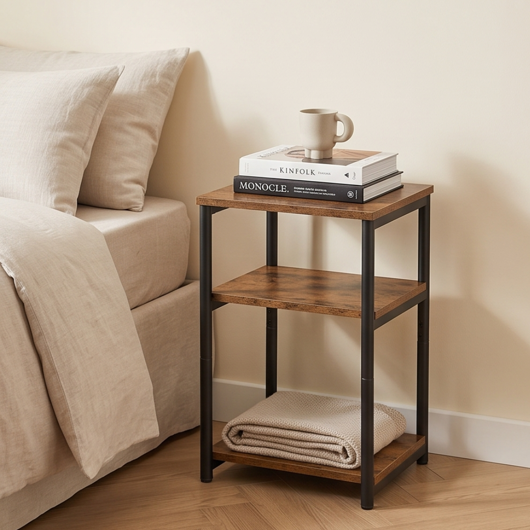 Rustic Brown Three Tier Storage Steel Frame Side Table
