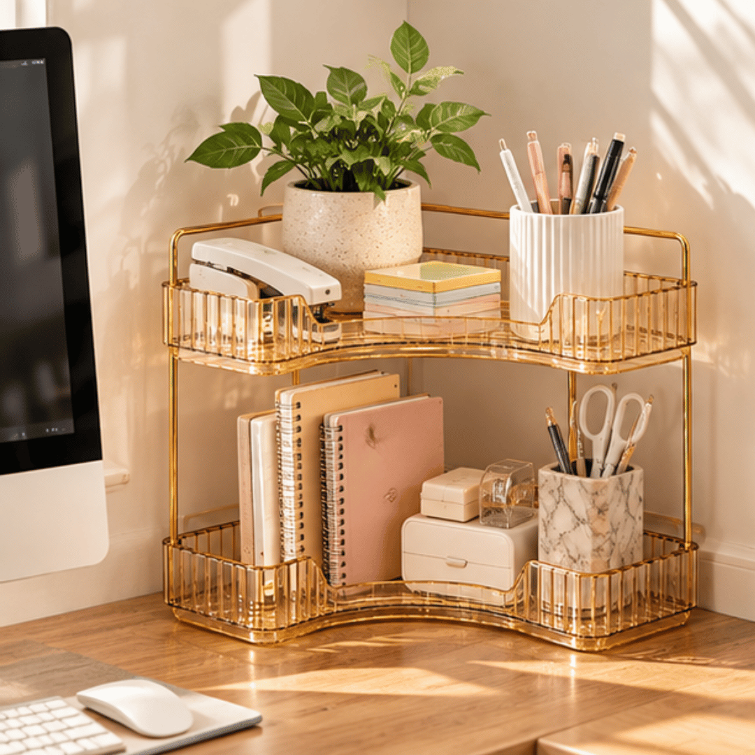 2 Tier Corner Bathroom Counter Organizer with Amber Gold Trays