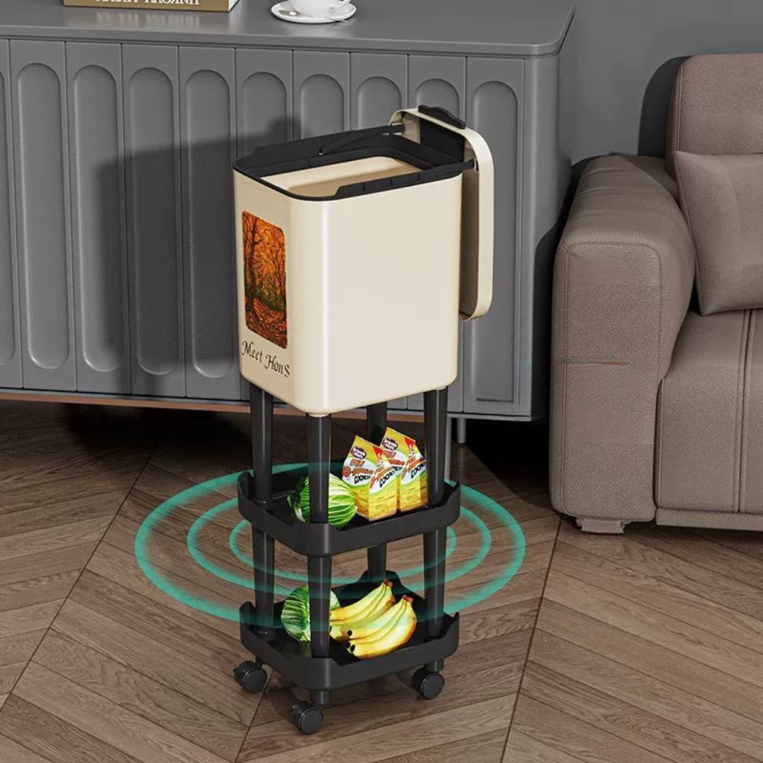 Elevated Rolling Kitchen Trash Bin with Storage Shelf