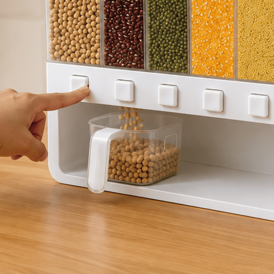 Six Compartment Airtight One Touch Grain Dispenser Storage Container With Measuring Cup