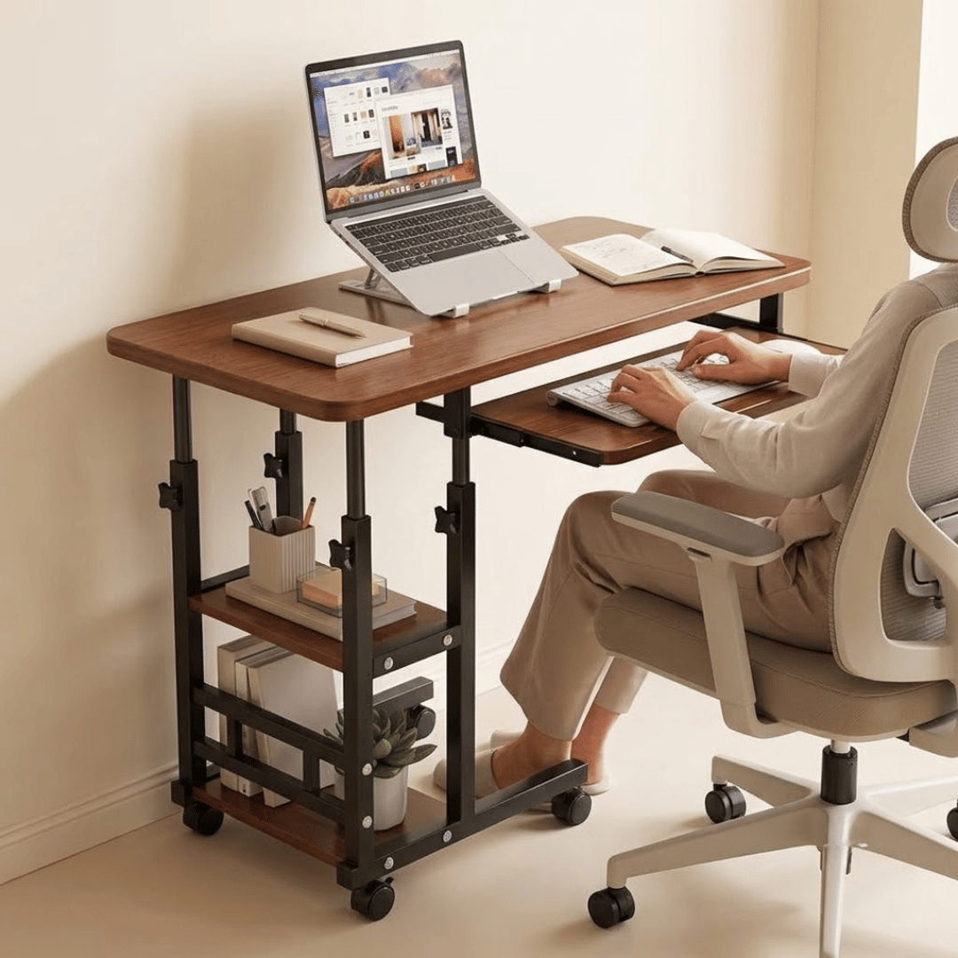 Adjustable C Shape Mobile Laptop Stand Table with Storage Shelves & Wheels