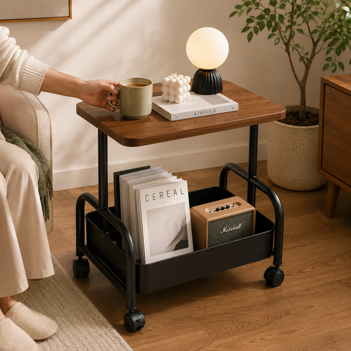 2-Tier Multi Purpose Utility Trolley Table with 360° Wheels