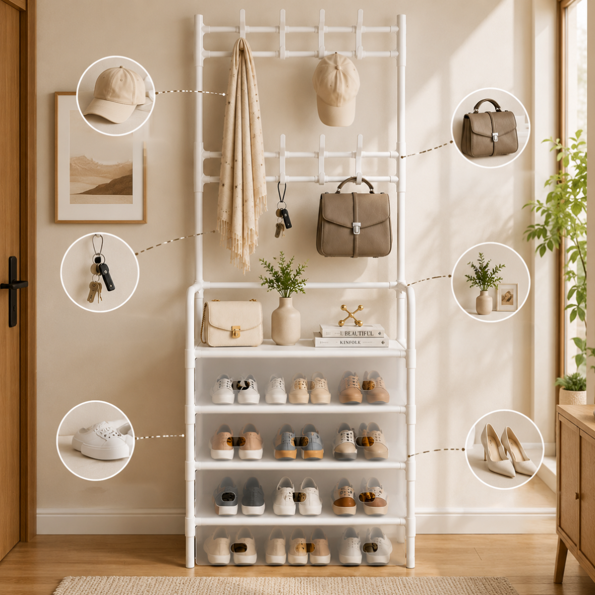HOMERO 4-Tier Double Row Hooks Coat Rack with Shoe Storage