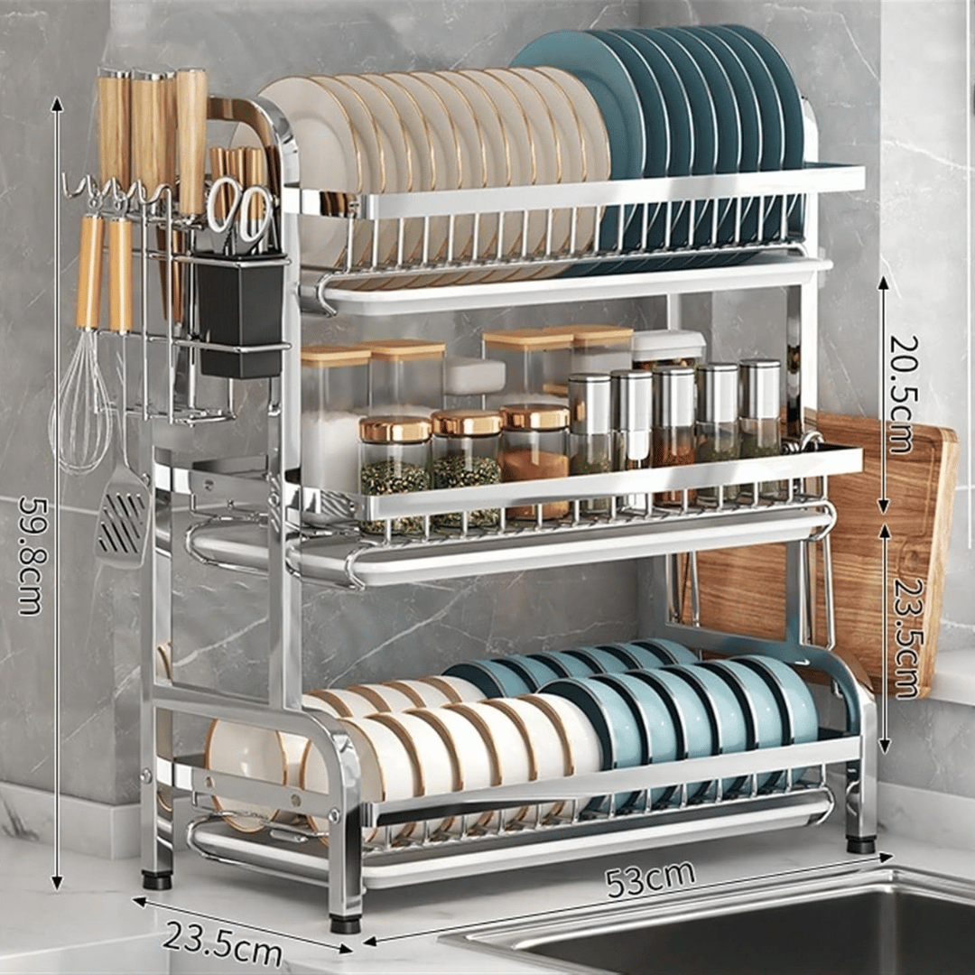 Multifunctional Three Layer Countertop Dish Organizer With Drain Trays