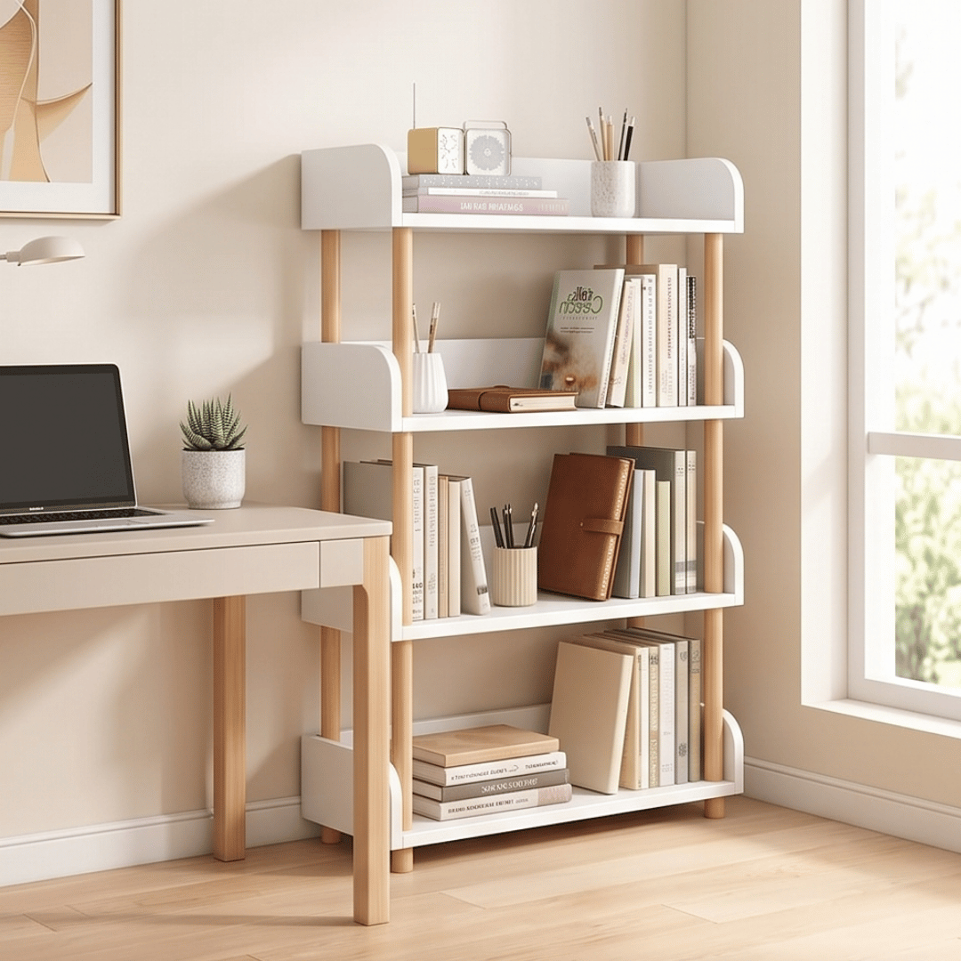 Elegant Floor Standing Display Shelf with Upright Storage and Beech Wood Legs