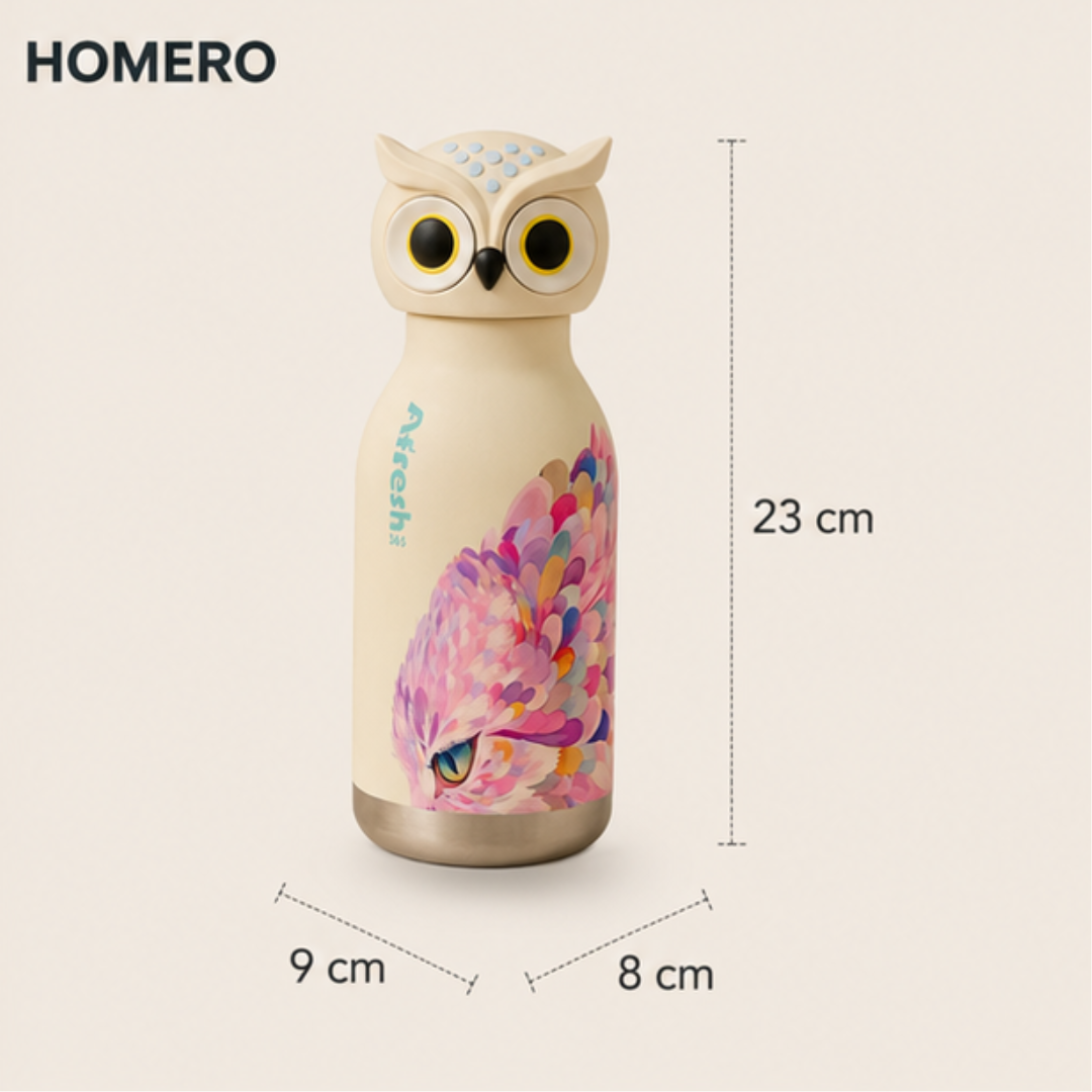 Cute Owl Stainless Steel Leakproof Sipper Drinking Bottle with Straw