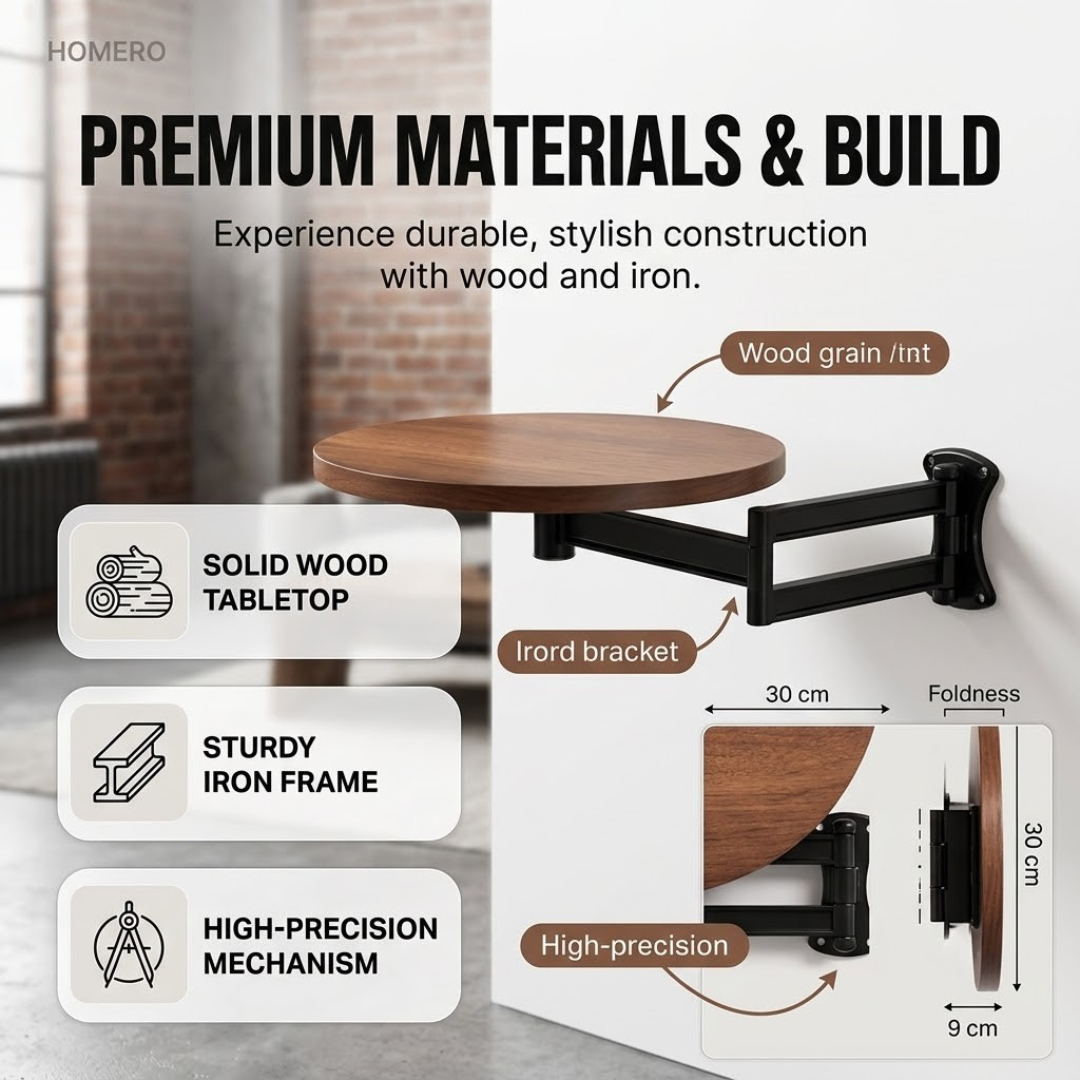 720° Rotating Adjustable Wall Mounted Folding Wooden Utility Shelf Table