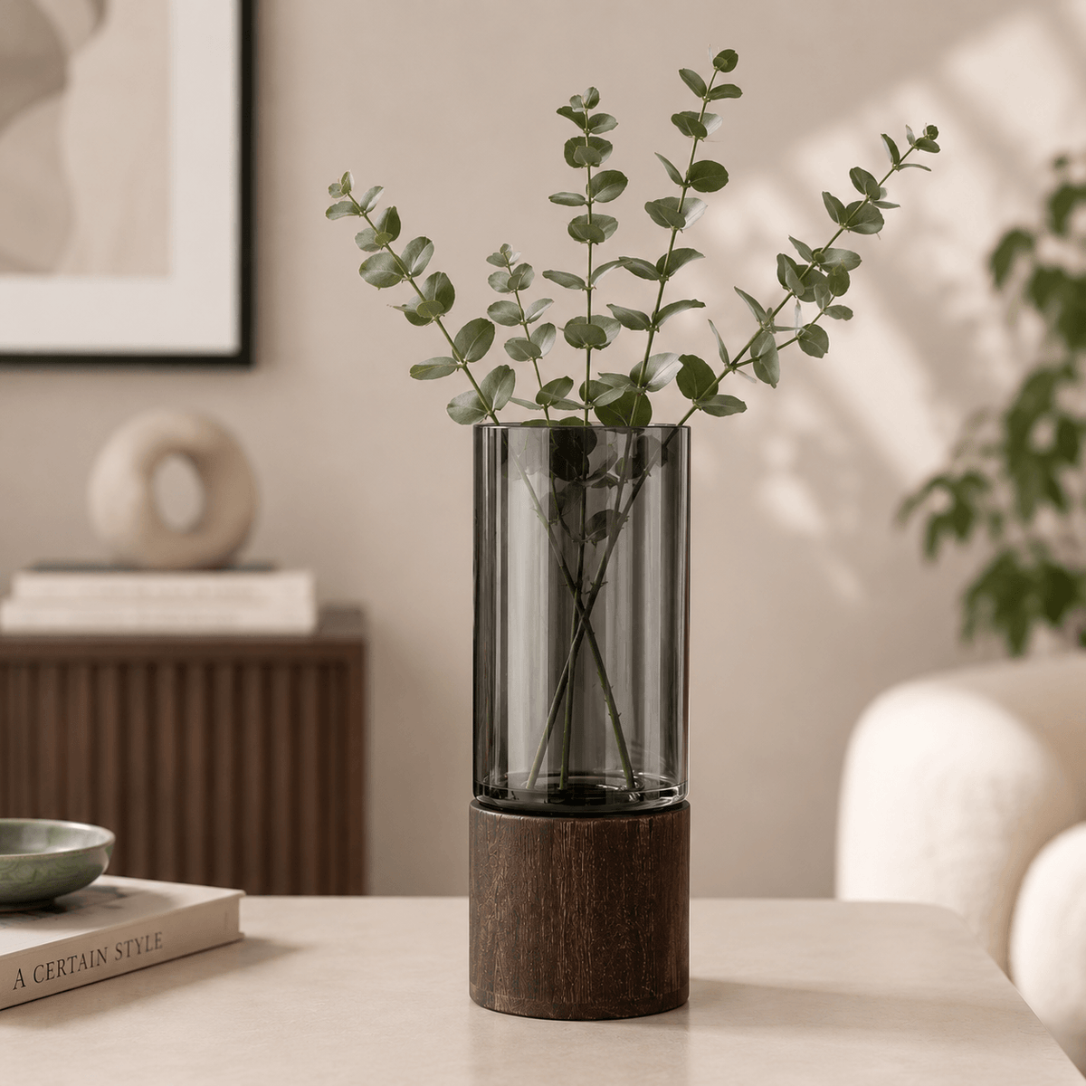 Homero Cylinder Vases with Wooden Base for Home Decor