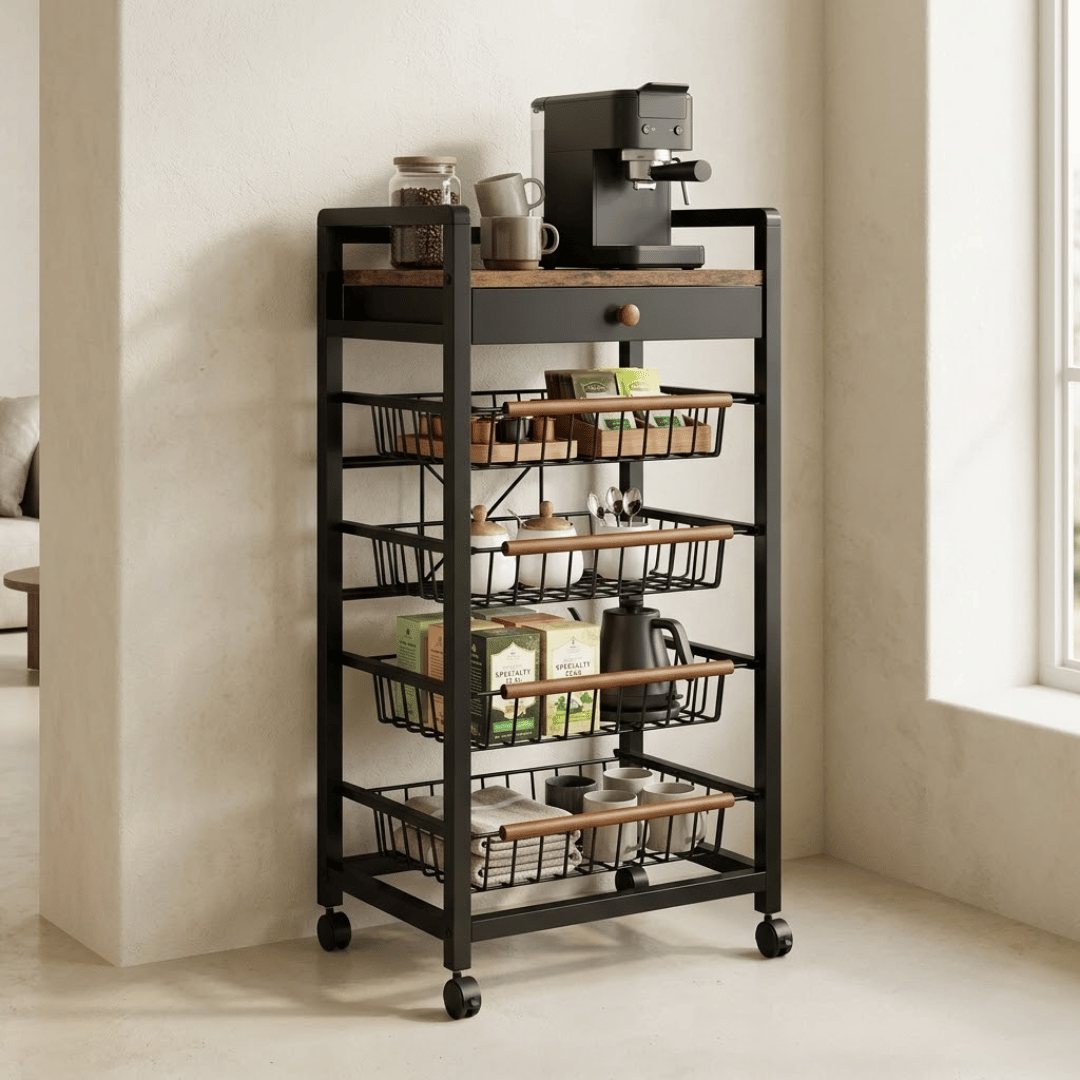 5 Tier Rolling Kitchen Storage Cart with Rustic Wooden Top and Pull Out Wire Baskets