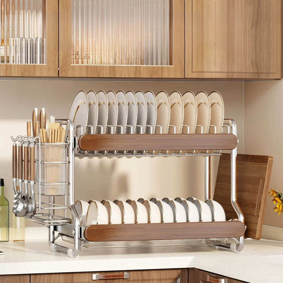 Premium Stainless Steel Dish Drying Rack with Solid Wood Storage Organizer