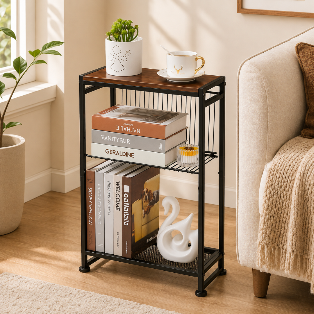 3-Tier Compact Bedside End Table with Magazine Holder and Metal Mesh Shelf