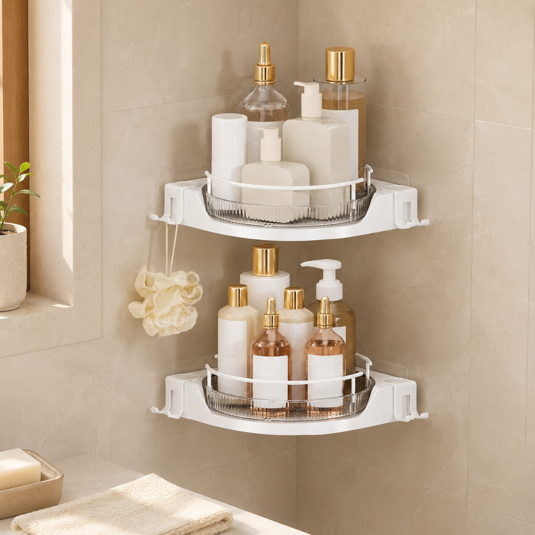 360° Rotating Corner Shower Caddy Space Saving Bathroom Organizer