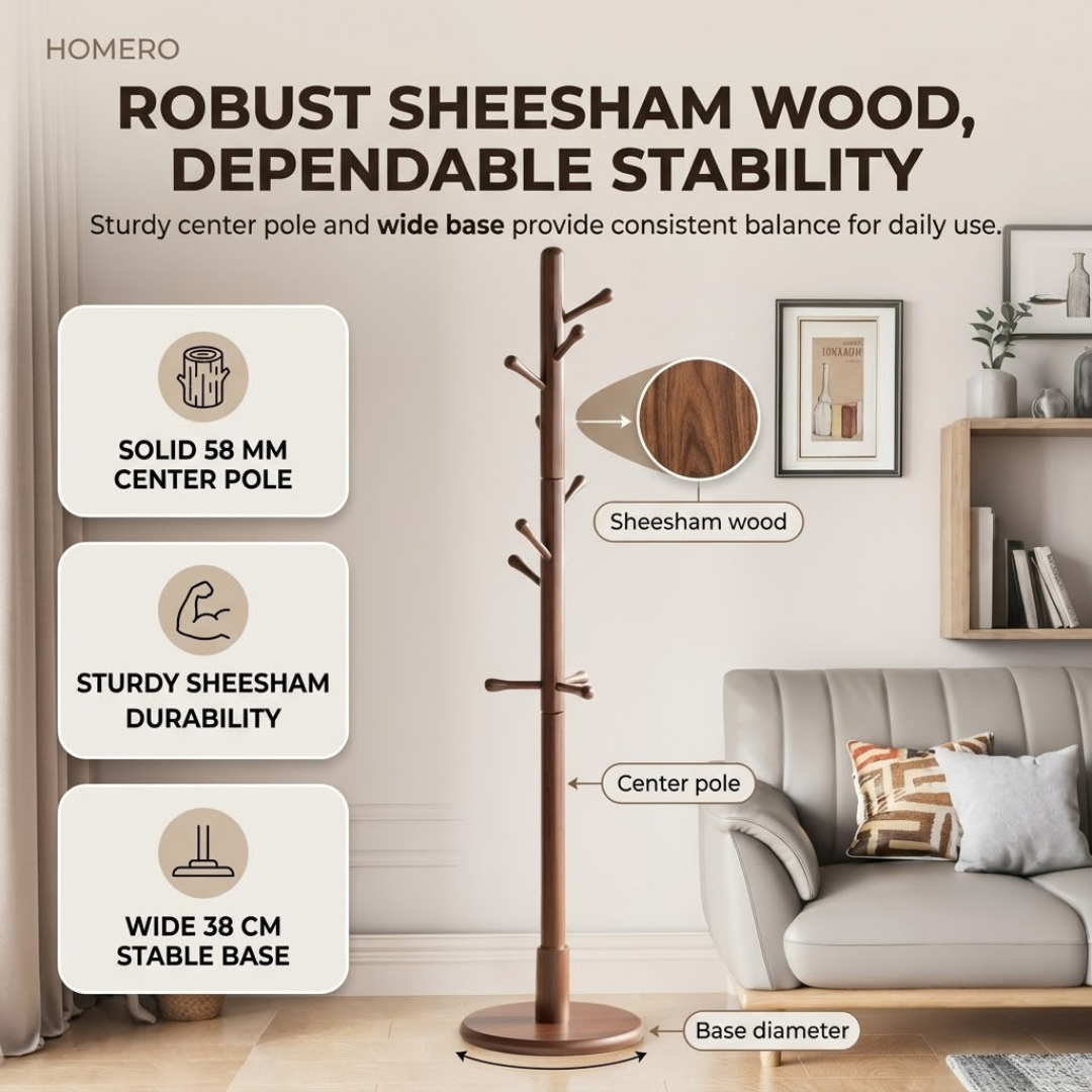 Natural Sheesham Wood Freestanding Coat Rack with Eight Hooks