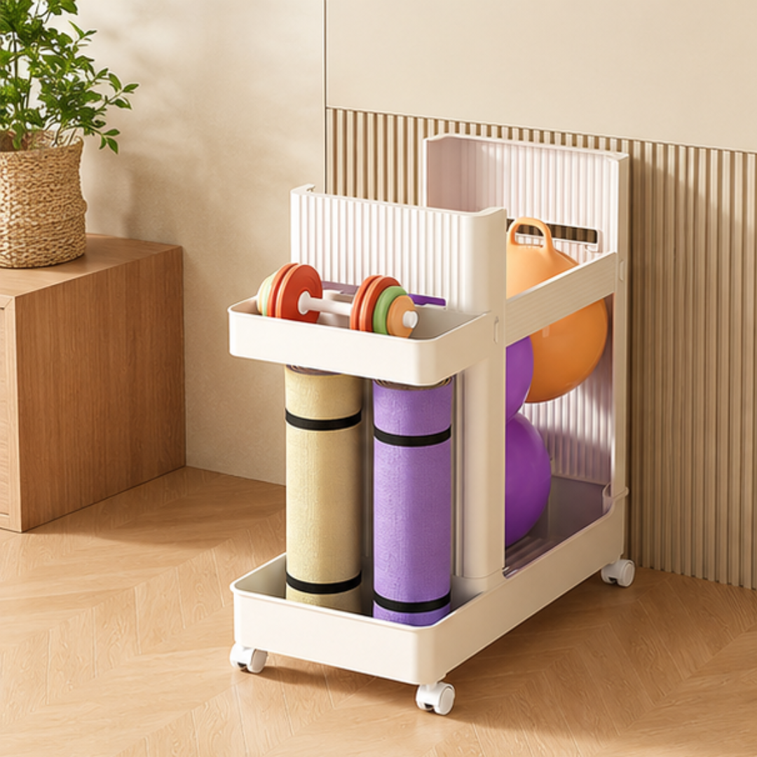 Multipurpose Yoga Mat and Fitness Equipment Storage Rack with Wheels