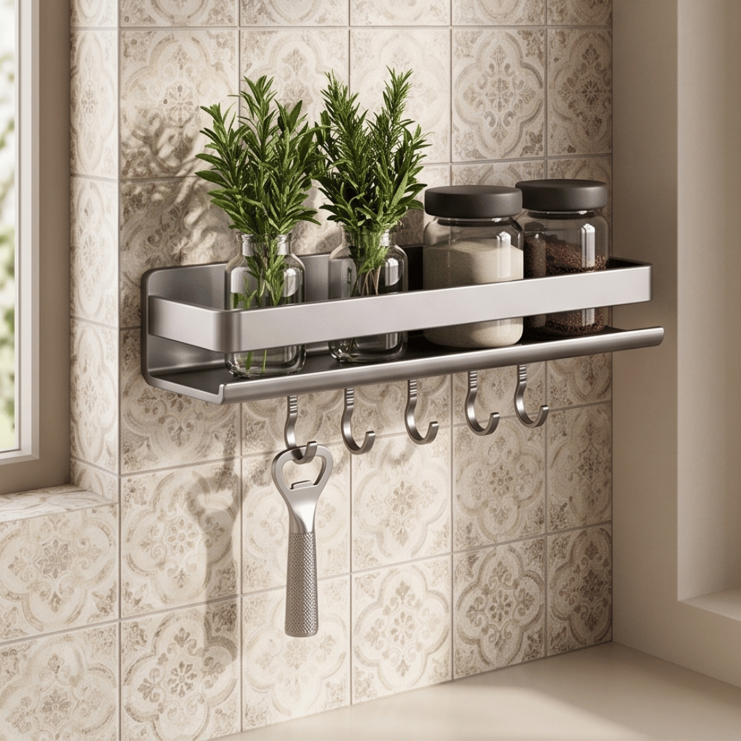 Wall Mounted Kitchen Spice Rack Organizer with Hooks