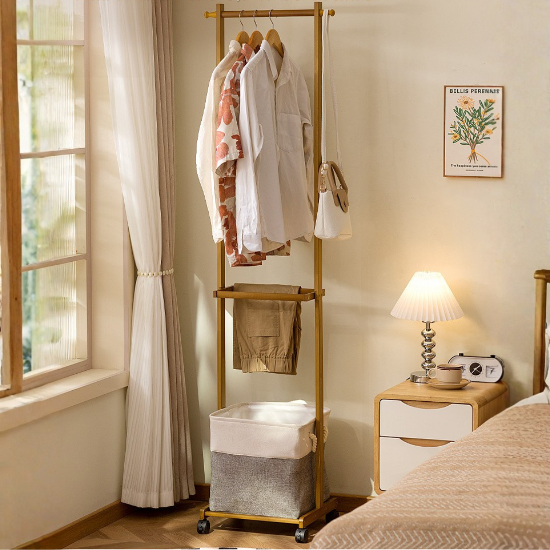 Multi-Purpose Bamboo Garment Stand with Laundry Basket and Hooks