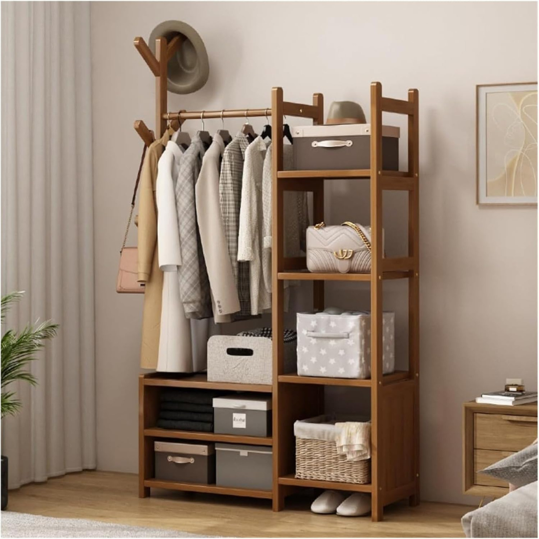 Multi Storage Bamboo Clothes Rack Open Wardrobe with Hanging Rail Shelves