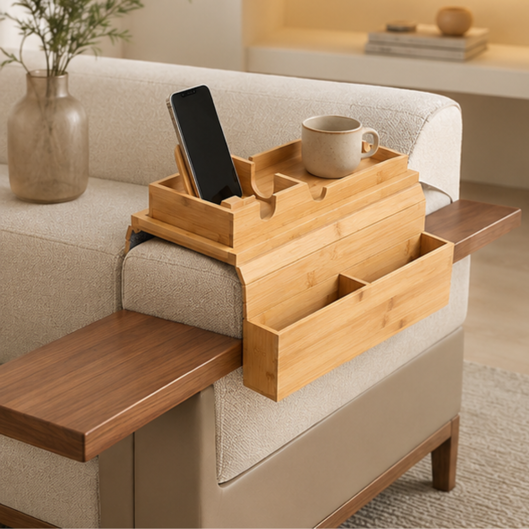 Multipurpose Adjustable Bamboo Couch Armrest Tray with Cup Holder and Organizer