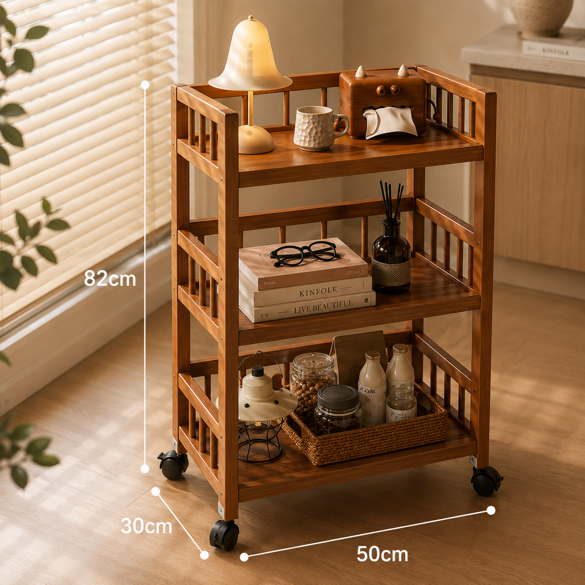 Homero 3-Tier Modern Wooden Media Storage Rack with Wheels