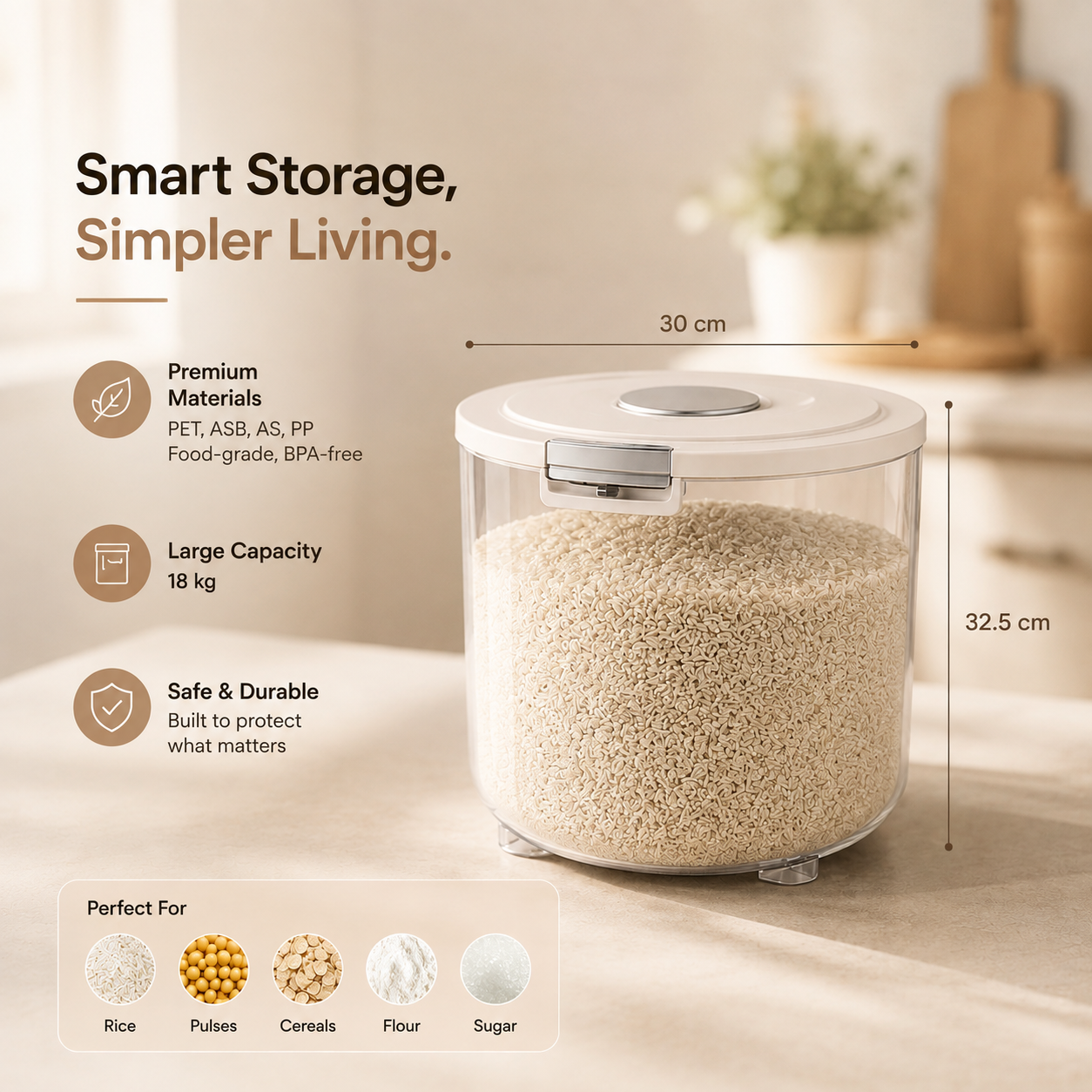 Homero Large Capacity Transparent Rice Container with One-Click Lid
