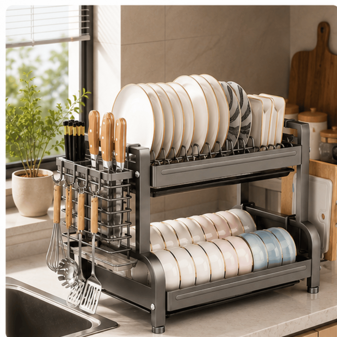 Two Tier Carbon Steel Dish Drying Rack with Knife Holder and Drip Trays