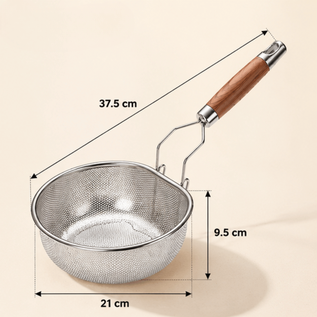 Premium Stainless Steel Noodle Strainer with Faux Wood Handle and Hanging Hook