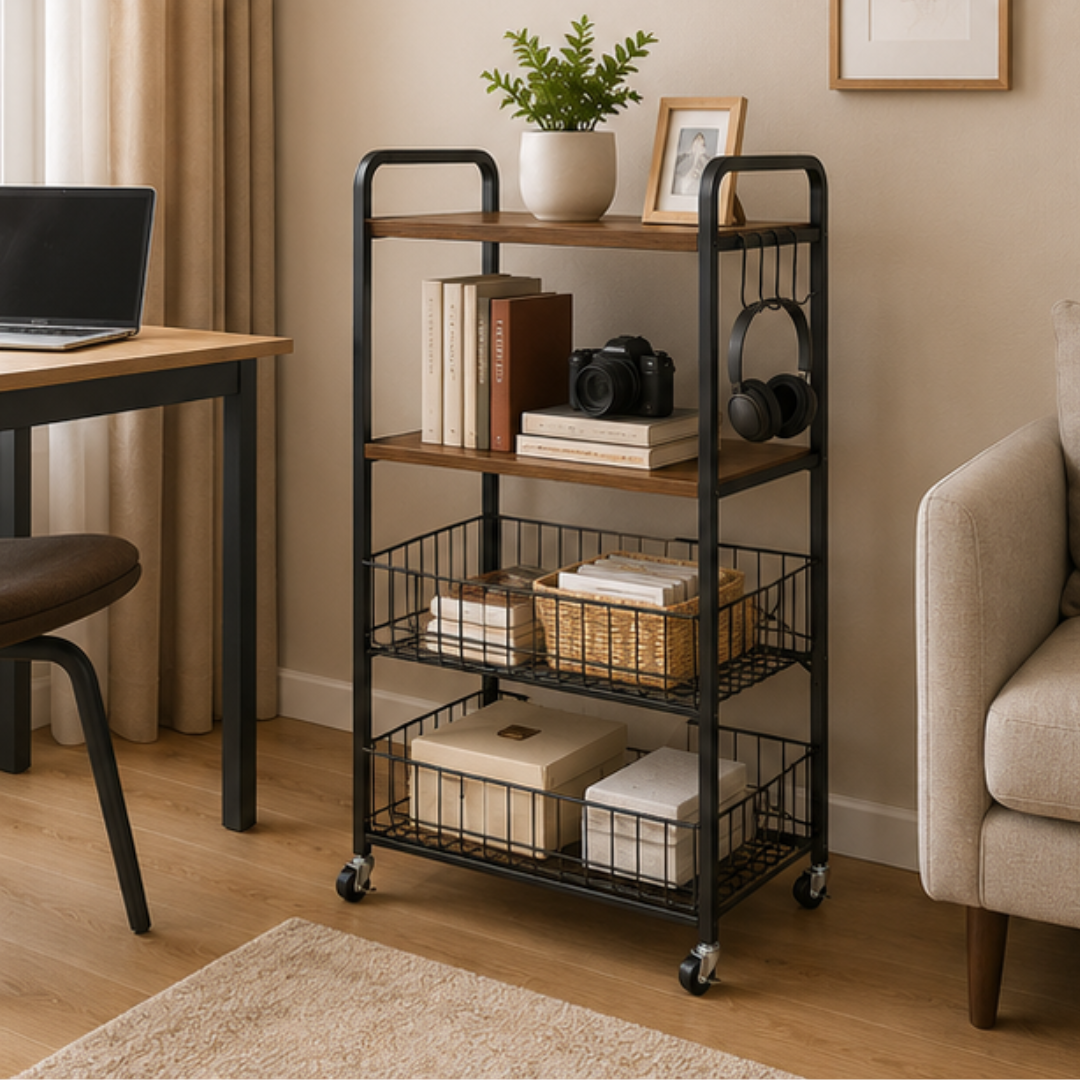 4 Tier Rolling Kitchen Storage Rack with Wooden Shelves & Wire Baskets