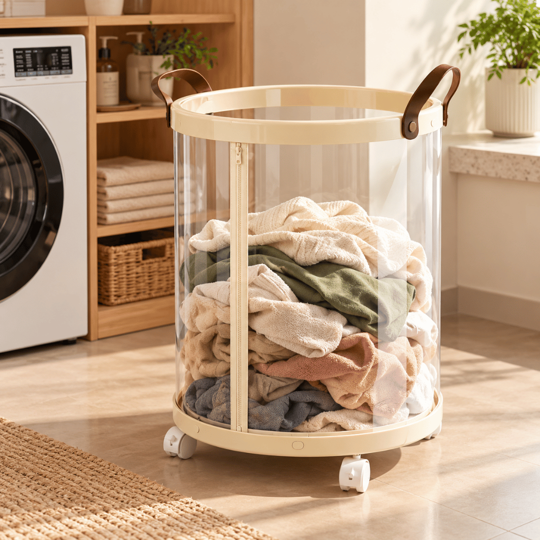 Modern Foldable Laundry Storage Basket with Transparent Body and Rotating Wheels