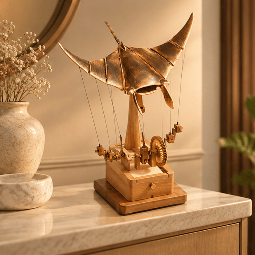 Handcrafted Wooden Manta Ray Automation Kinetic Art Sculpture