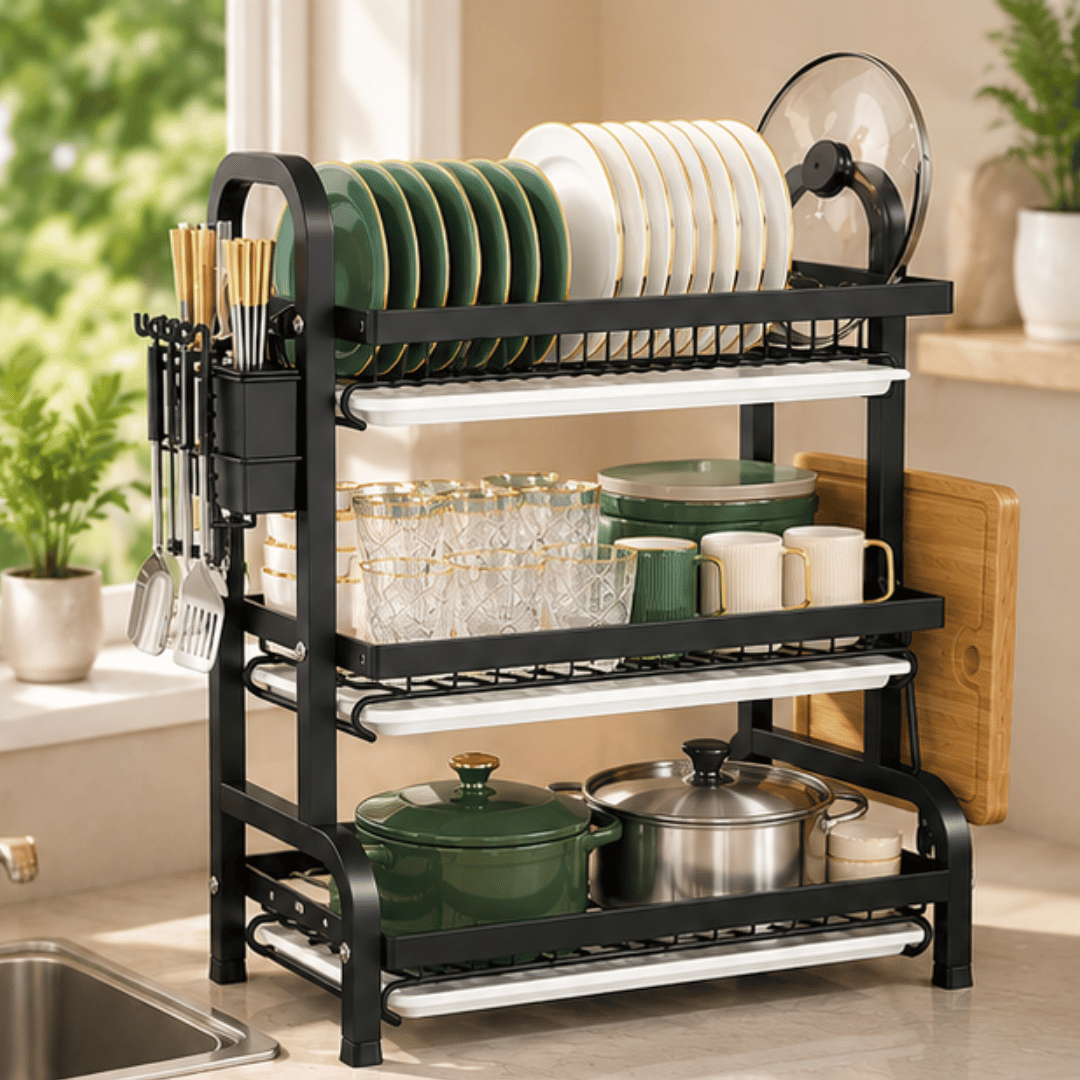 3 Tier Kitchen Dish Drying Rack with Drain Trays Cutlery Holder and Cutting Board Holder