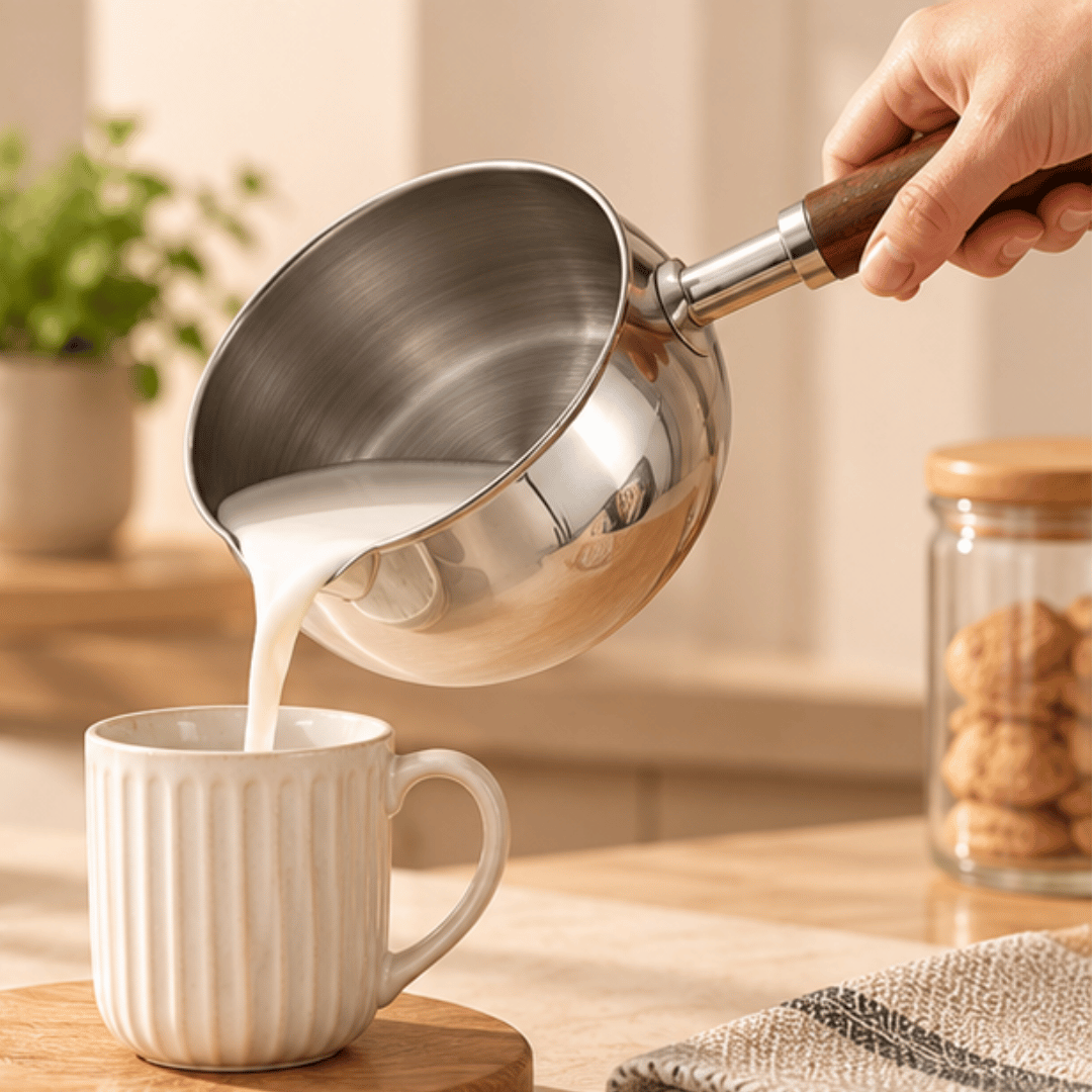 Premium Stainless Steel Small Milk Saucepan with Wooden Handle Glass Lid