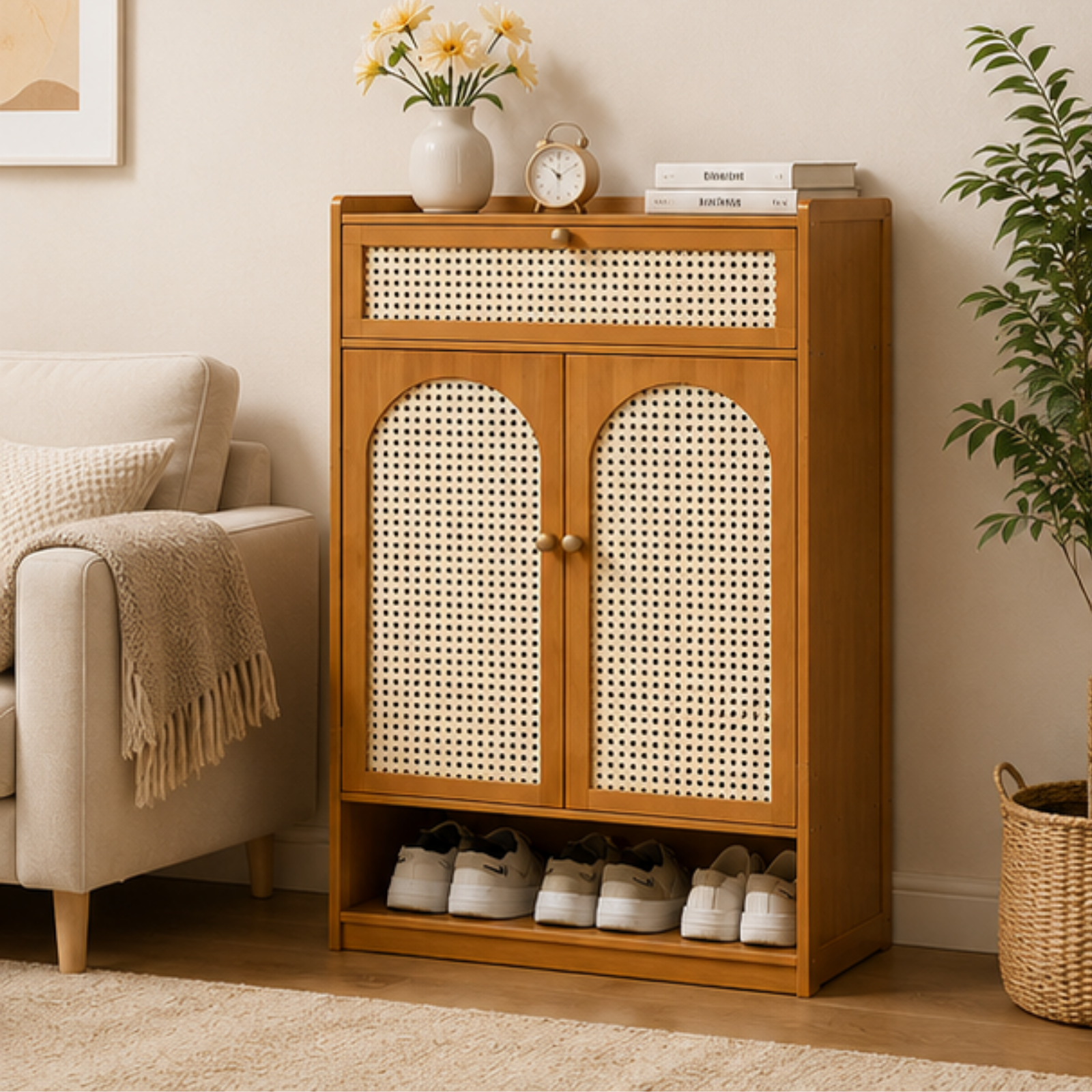 Bamboo Shoe Storage Cabinet with Rattan Mesh Doors and Drawer