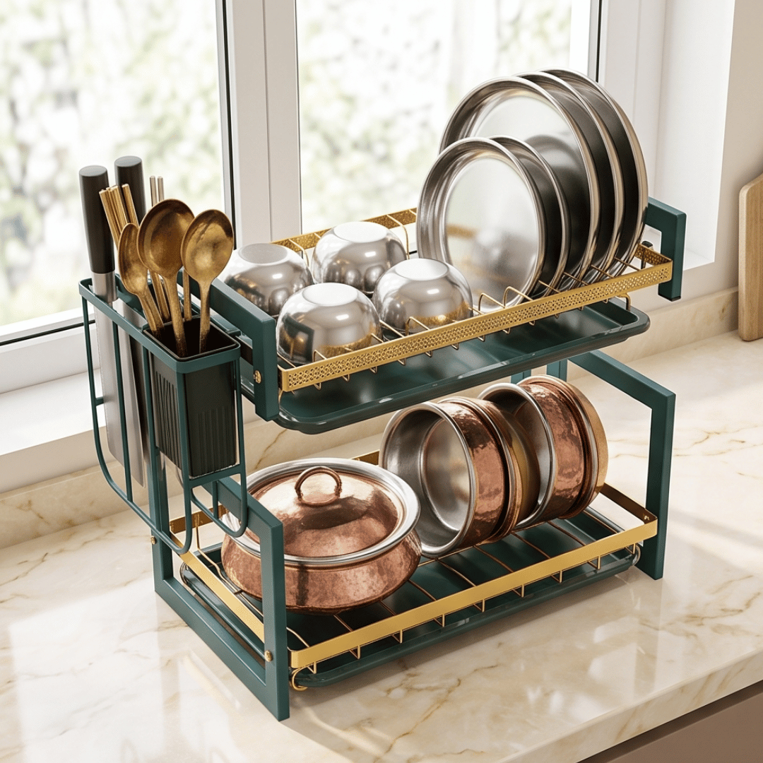 Elegant Gold finished Two Tier Dish Drying Organizer with Utensil Holder and Drainboards