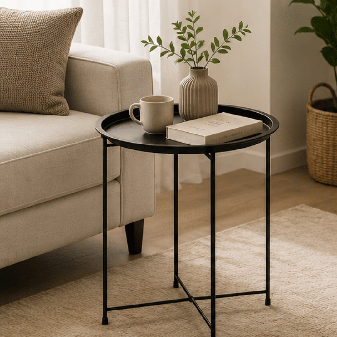 Minimalist Folding Metal Side Table with Removable Tray