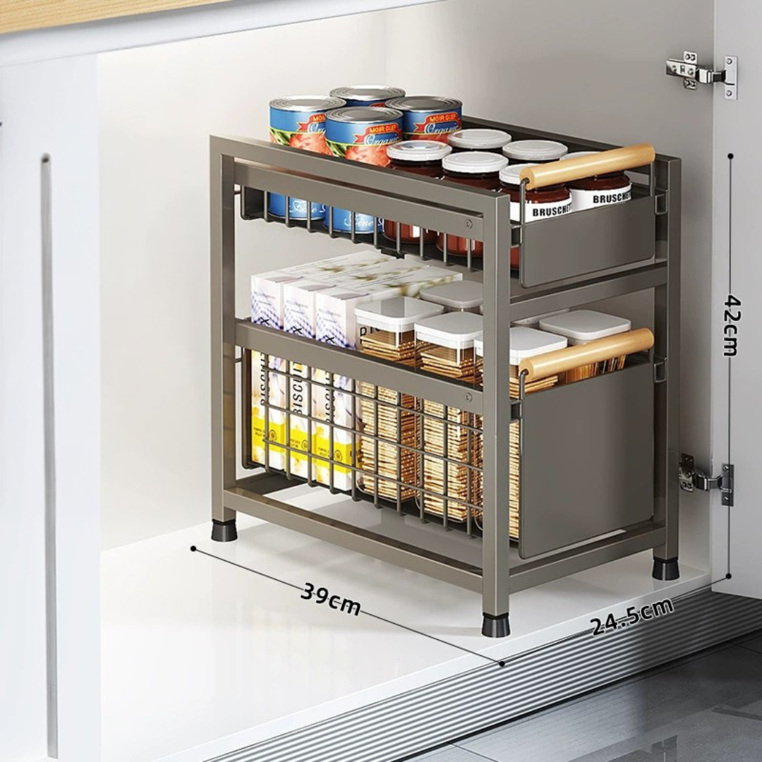 Double Layer Pull Out Under Sink Storage Rack with Wooden Handle