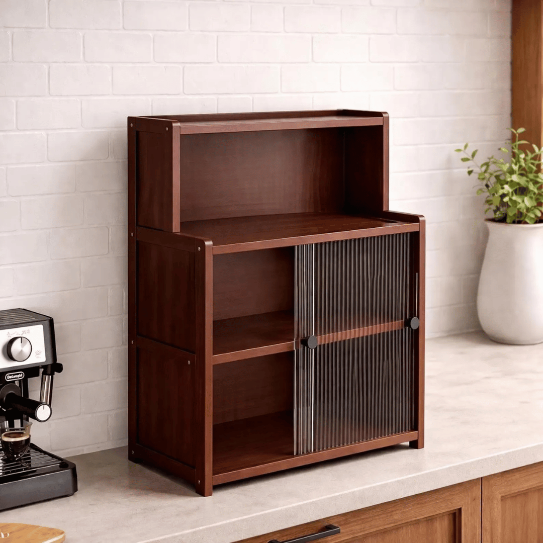 Premium Wooden Countertop Organizer with Open Shelf and Dust Protected Sliding Compartments