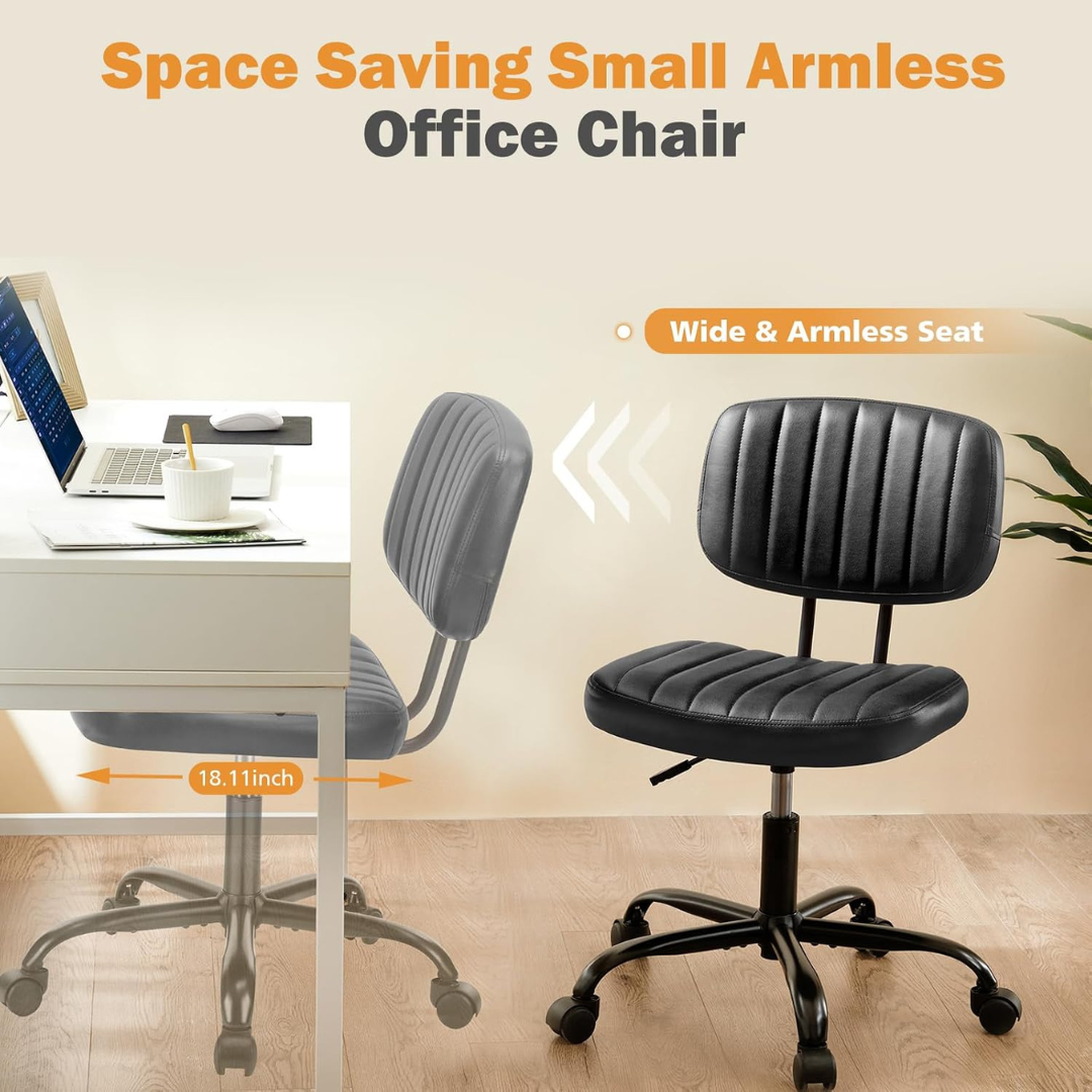 Ergonomic PU Leather Lumbar Support Armless Office Chair with Rolling Base