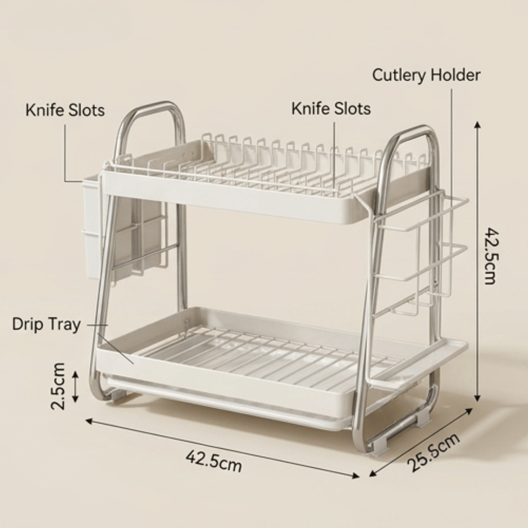 Premium Two Tier Carbon Steel Dish Rack With Cutlery Holder Knife Slots And Drip Tray