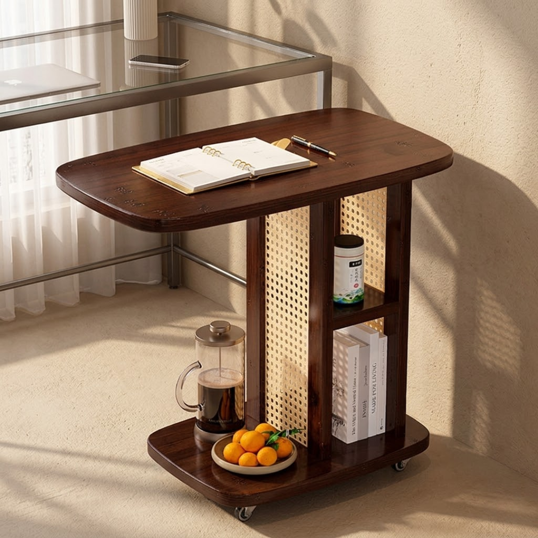 Wooden C Shaped Mobile Sofa Side Table with Woven Resin Storage