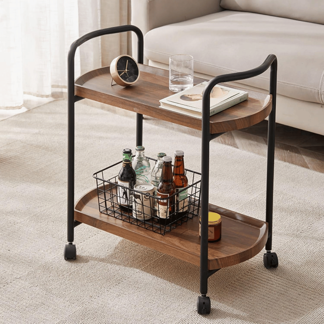 Double Layer Rolling Wooden Trolley With Wheels