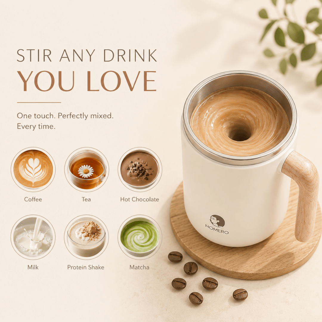 Homero Stainless Steel Automatic Stirring Mug with Wooden Handle - 420ml