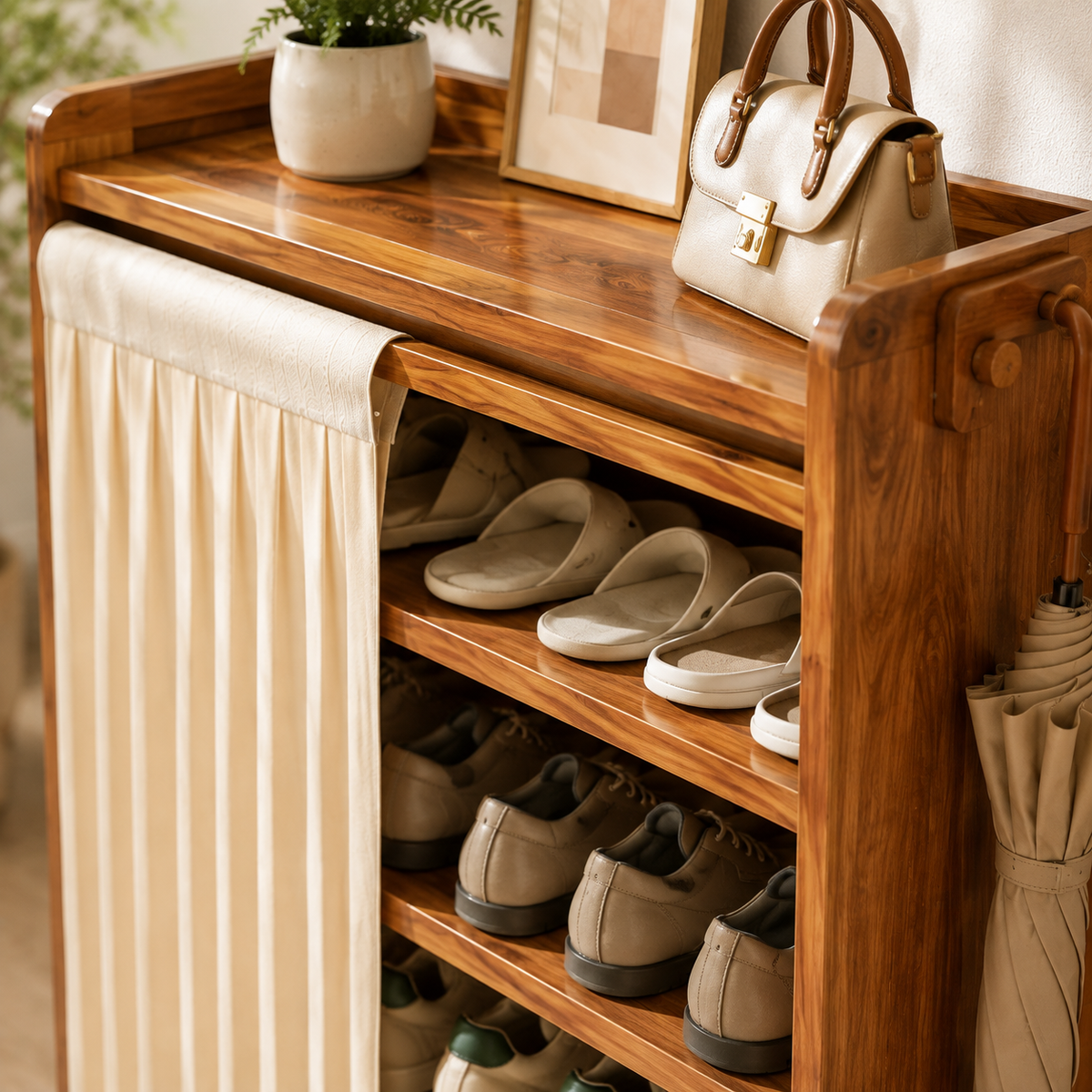 Multi Layer Bamboo Shoe Rack Cabinet with Dustproof Curtain
