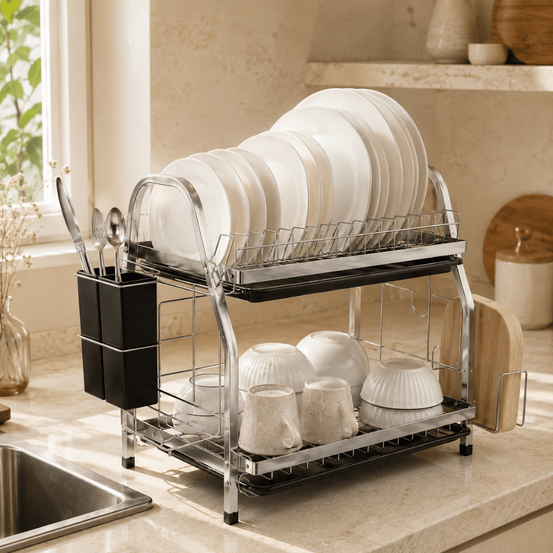Two Tier Carbon Steel Dish Drainer Rack with Removable Drip Trays