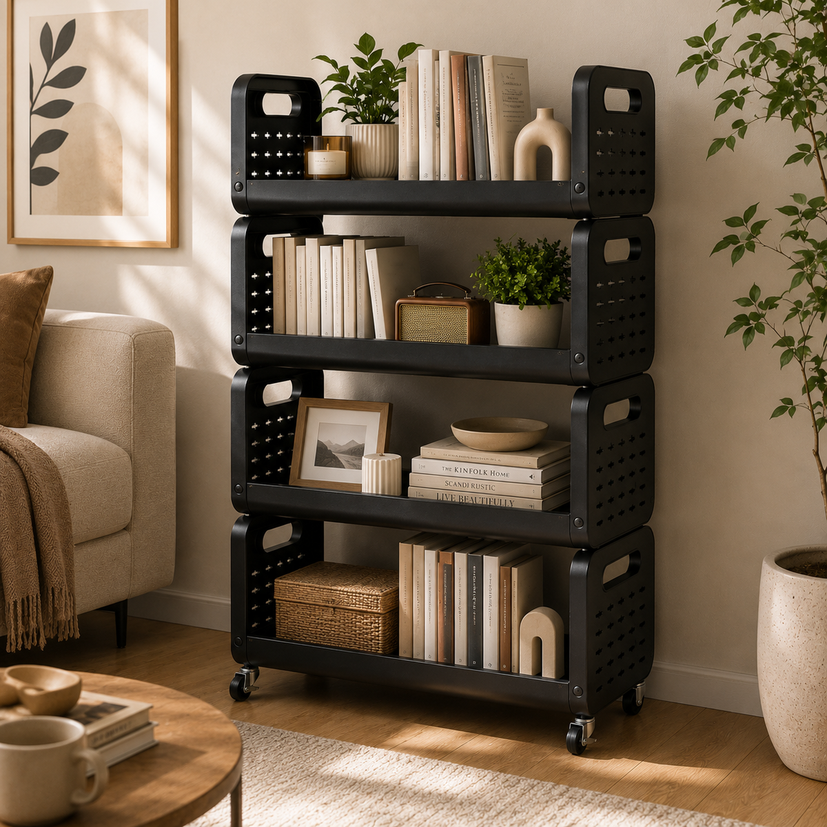 HOMERO Space Saving Utility Storage Rack with Wheels and Ventilated Shelves 4 Layer