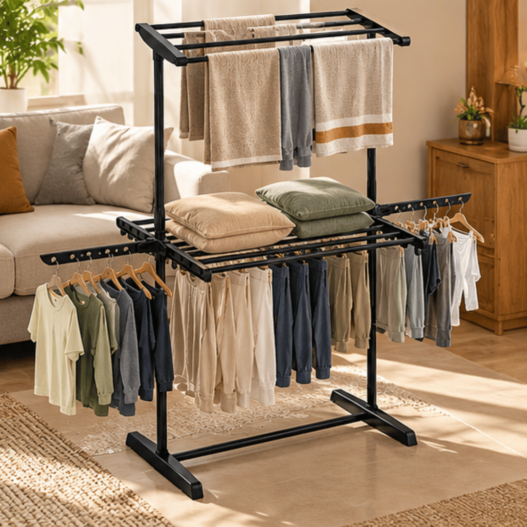 Multipurpose Two Tier Clothes Drying Stand with Hanger Slots and Accessory Hooks